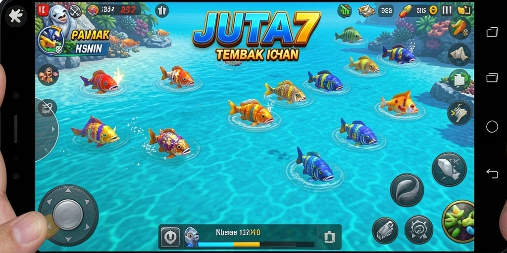 Tampilan permainan JUTA7 dengan grafis menakjubkan saat menangkap ikan.